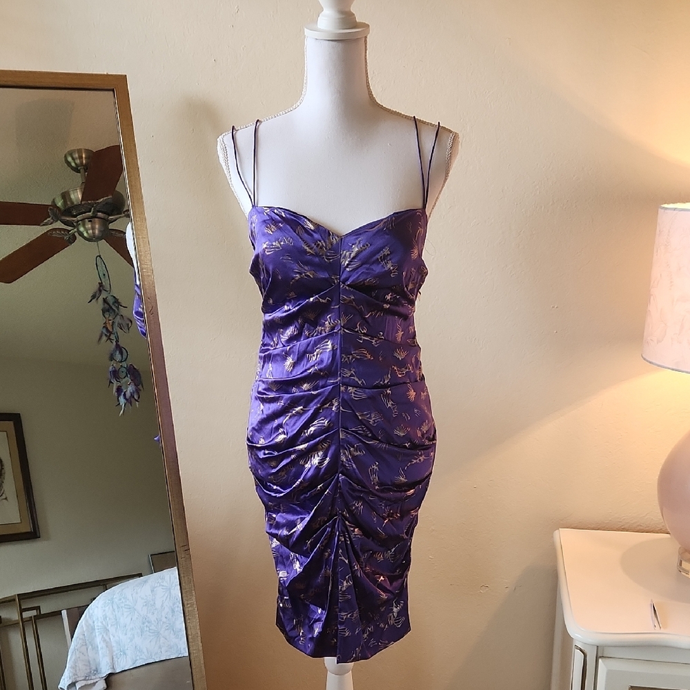 NWT Nicole Miller Silk Cocktail Party Dress 8 Purple Spaghetti Straps Ruched